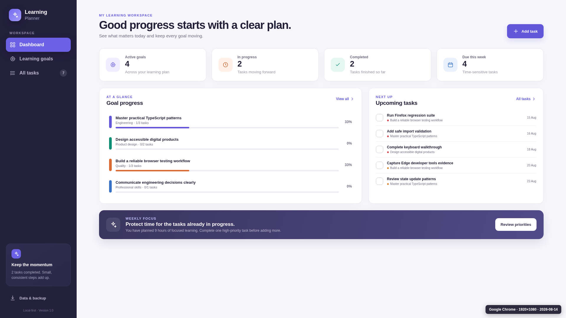 Learning Planner dashboard